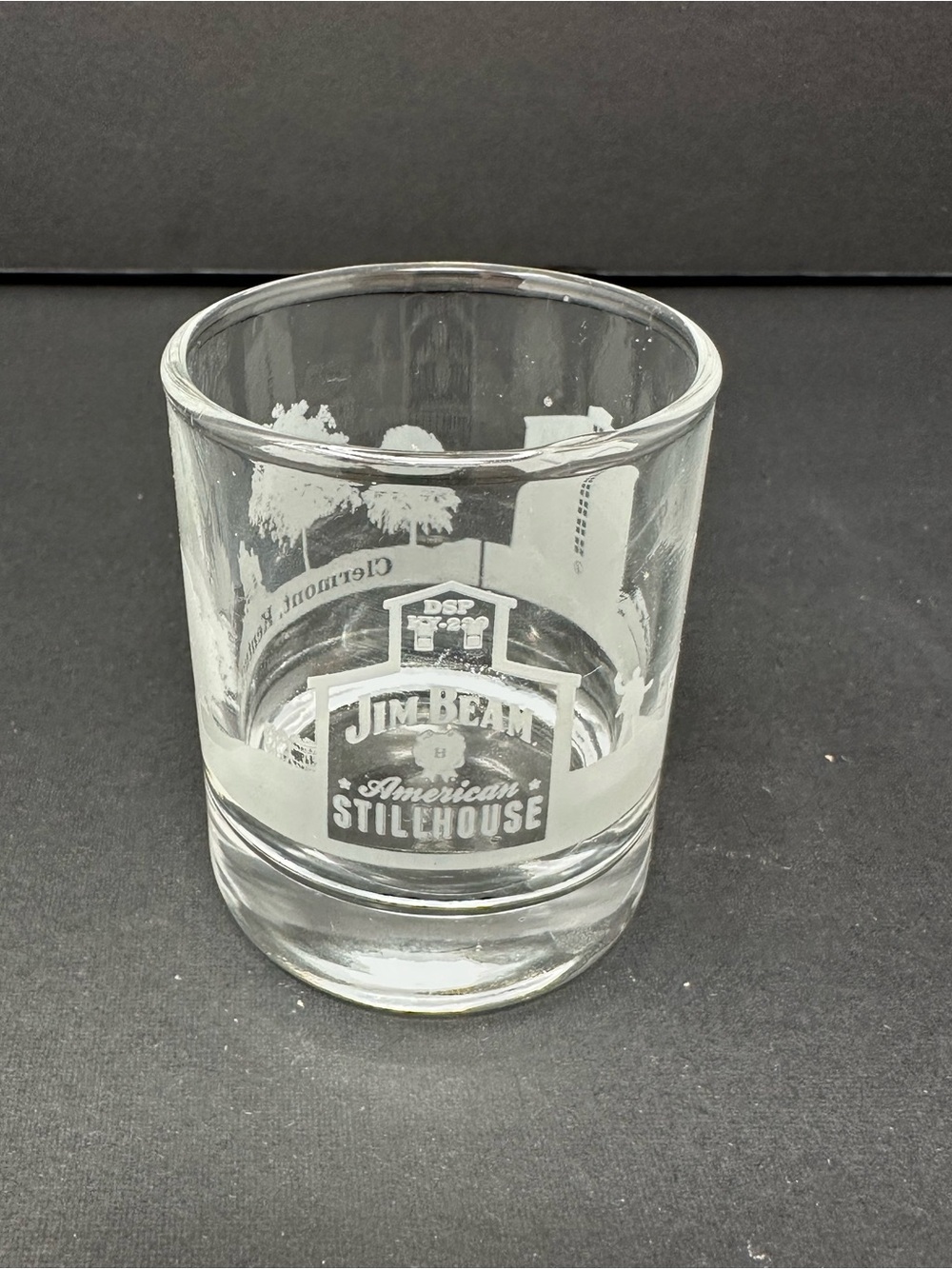 Jim Beam American Stillhouse Shot Glass Clermont KY Etched Scene A1